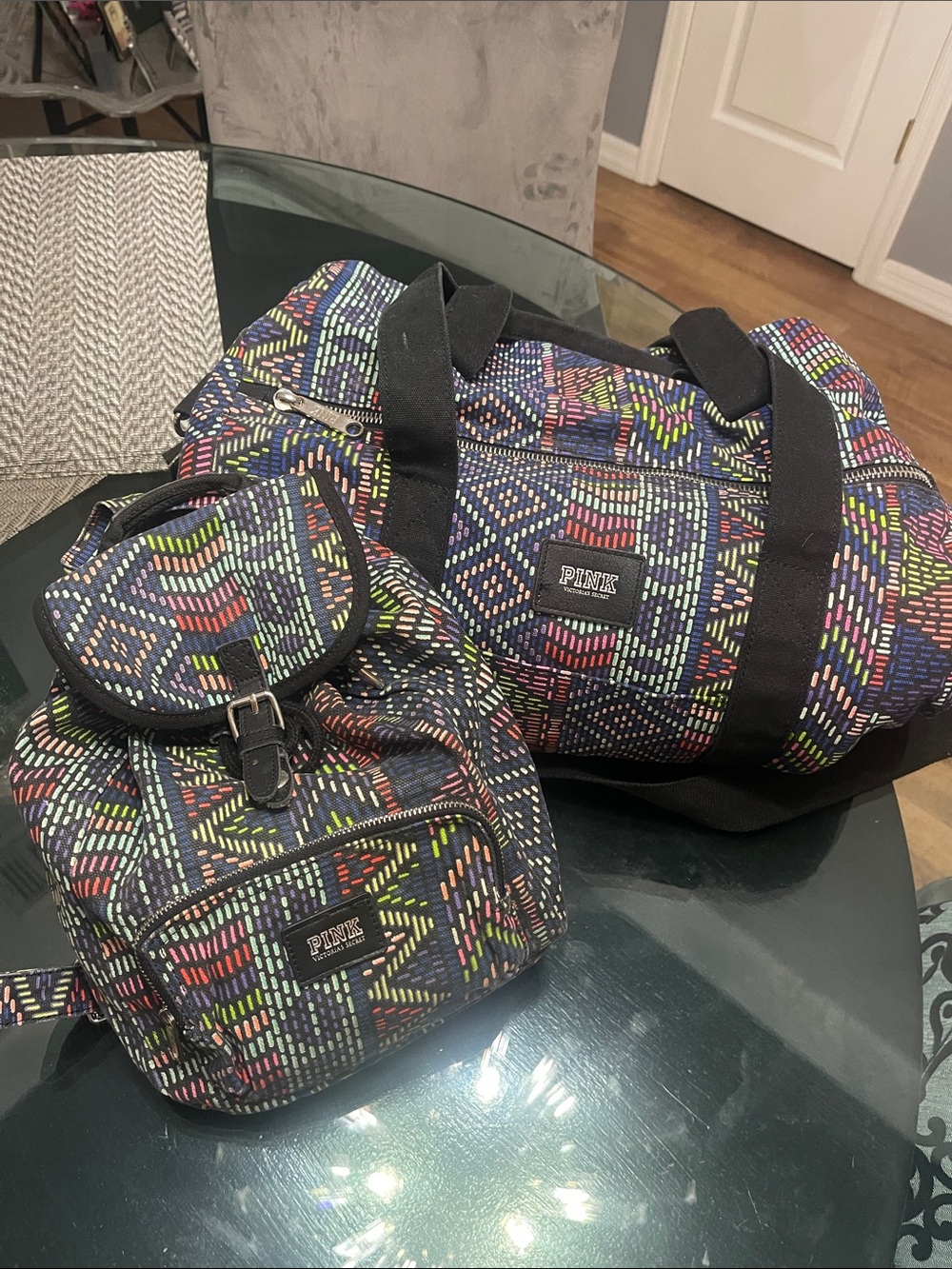 PINK Multicolor Patterned Duffel Bag + Backpack Set - Picture 2 of 8